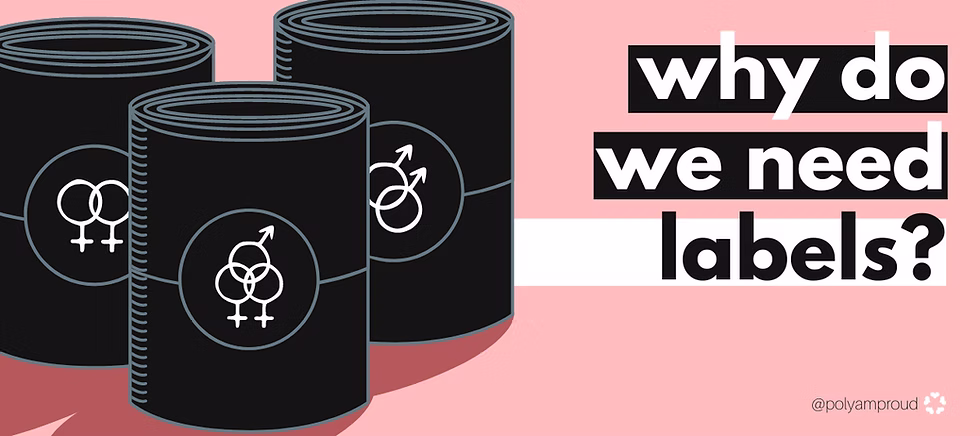 Three black barrels, each with a different symbol on them: two 'female' symbols, two 'male' symbols', and one with a combination of male and female. Text reads "Why do we need labels?"